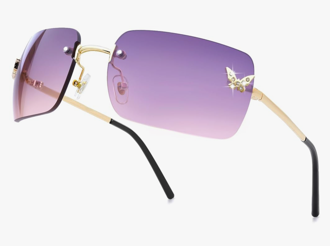 knliwkm Rimless Rectangle Y2k Sunglasses for Women Men Cute Small Clear Frameless Tinted Lens 2000S Fashion Shades Butterfly