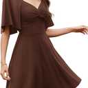 Amoretu Women's Summer Sweetheart Neckline Sexy Dress Ruffle Half Sleeve Flowy A-Line Low Cut Mini Dresses (Brown, L)