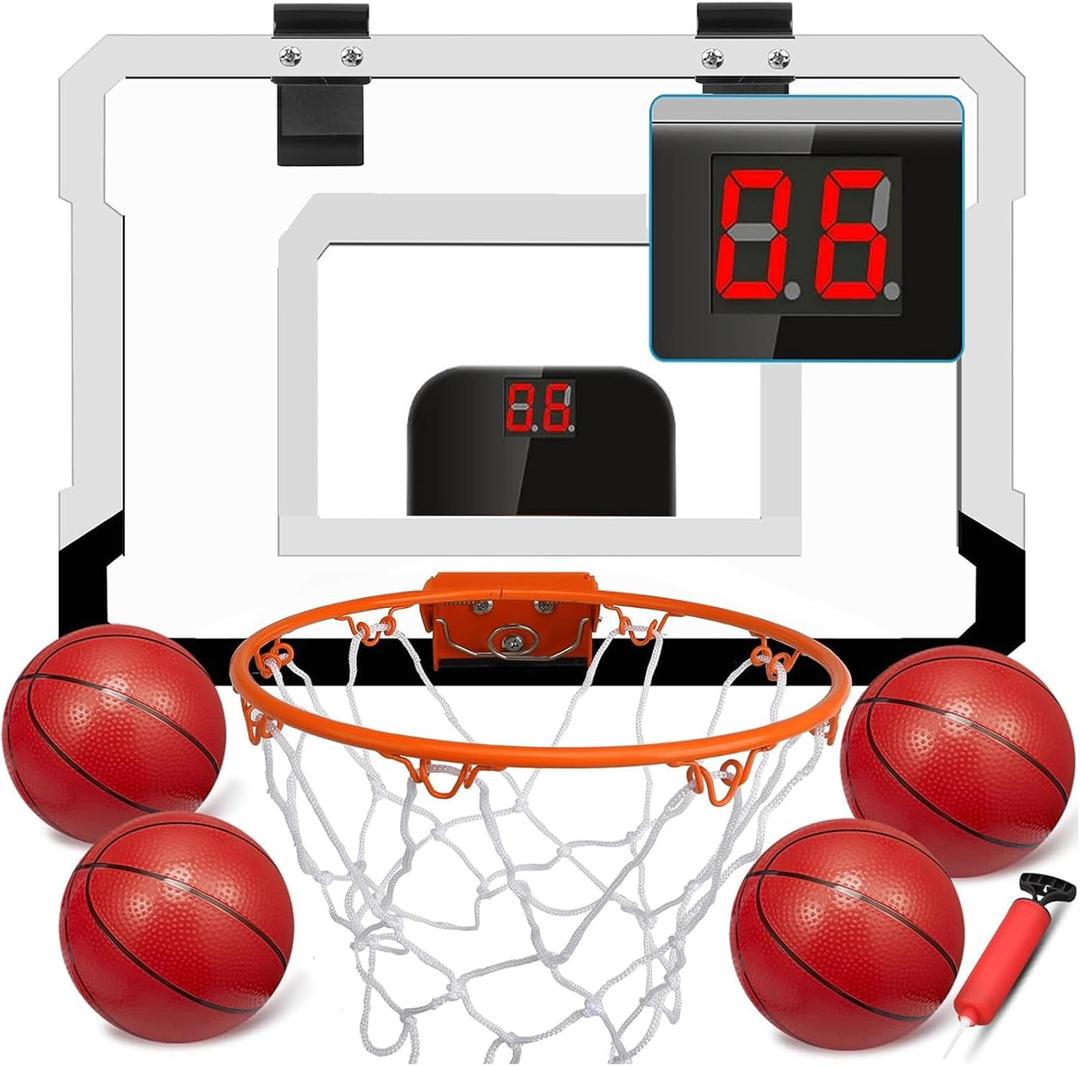 Pro Indoor Mini Basketball Hoop Set Gift for Kids Adults, Over Door Automatic Scoring Basketball Hoop with 4 Rubber 6" Balls, Wall Mount Basketball Hoop with Electronic Scoreboard 9 Inch Dunk Rim (White)