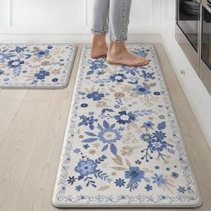 GENIMO Kitchen Mats for Floor 2PCS, Cushioned Kitchen Rugs Non Slip Washable, Farmhouse Anti Fatigue Mat Waterproof, Comfort Standing Mat Rug for Office, Home, Laundry, 17.3"x47"+17.3"x30", Beige&Blue