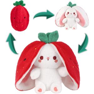 Emoin Bunny Stuffed Animal Reversible Cuddle Strawberry Bunny Plush Transformed Rabbit Toy Plush with Zipper Easter Bunny Plushies Gifts for Baby Boys Girls-7Inch
