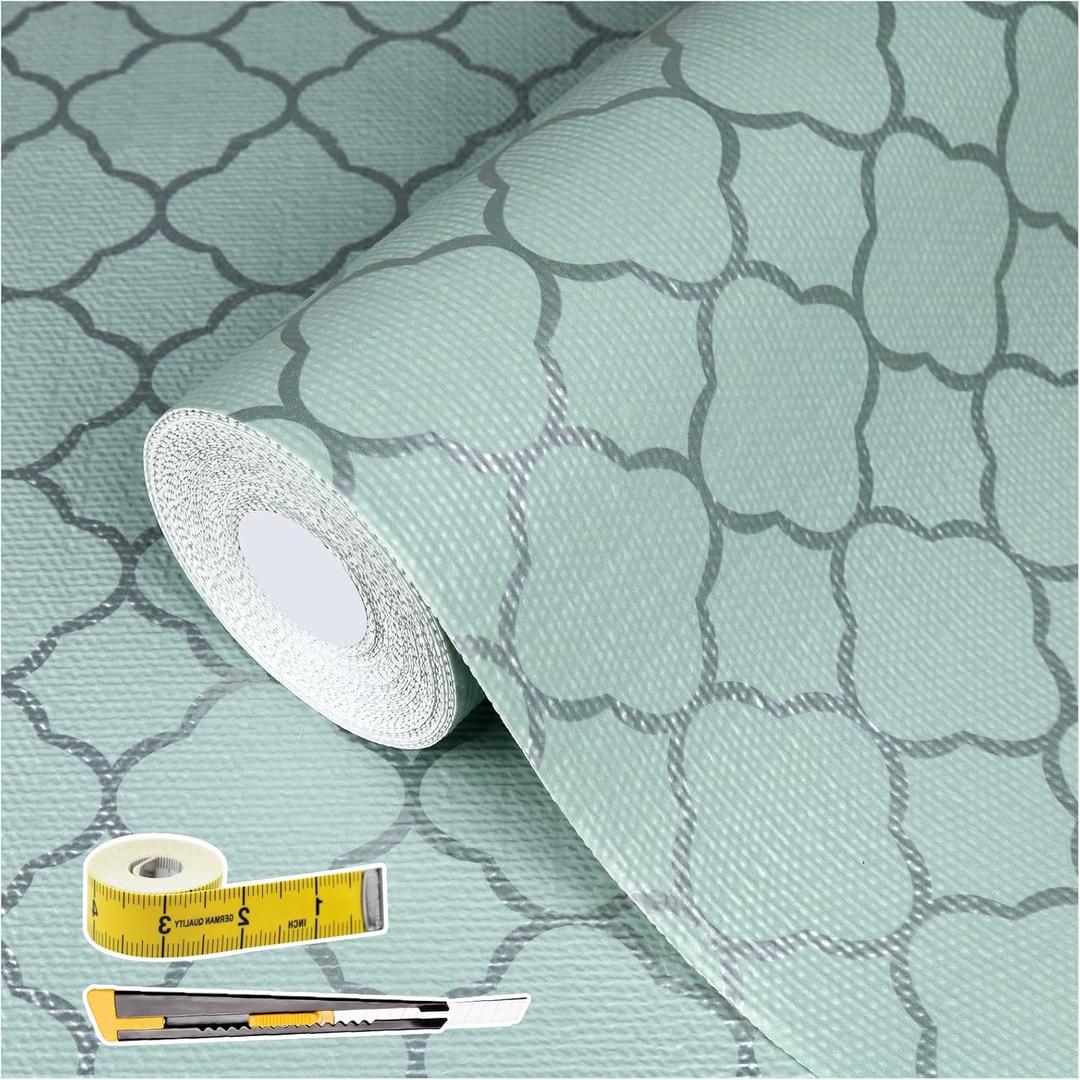 Shelf Liners for Kitchen Cabinets Non Adhesive Drawer Liner 17in x 20FT Light Green Quatrefoil Thickened Shelf Liner Strong Non-Slip Easy to Clean for Tool Box Refrigerator with Knife and Tape Measure