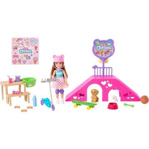 Barbie Chelsea Doll & Skate Park Playset with 2 Puppies, Skate Ramp, Scooter & 15+ Accessories, Brunette Small Doll with Blue Eyes