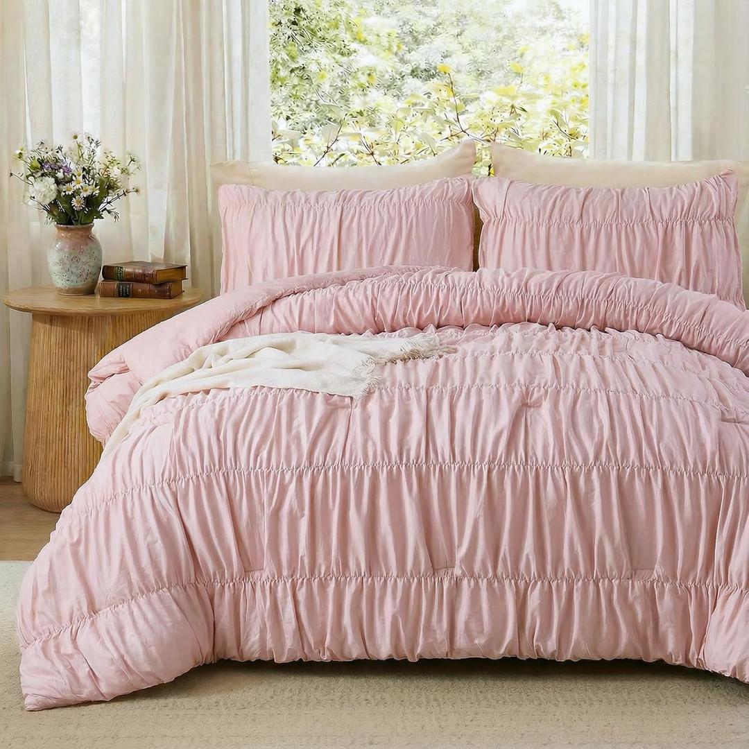 Bedbay Blush Pink Ruffled Cotton Duvet Cover Set Queen Size, Soft Romantic Shabby Chic Bedding,100% Cotton Textured Ruched Comforter Cover 3 Pcs,Cute Cottagecore Bedroom Set for All Seasons