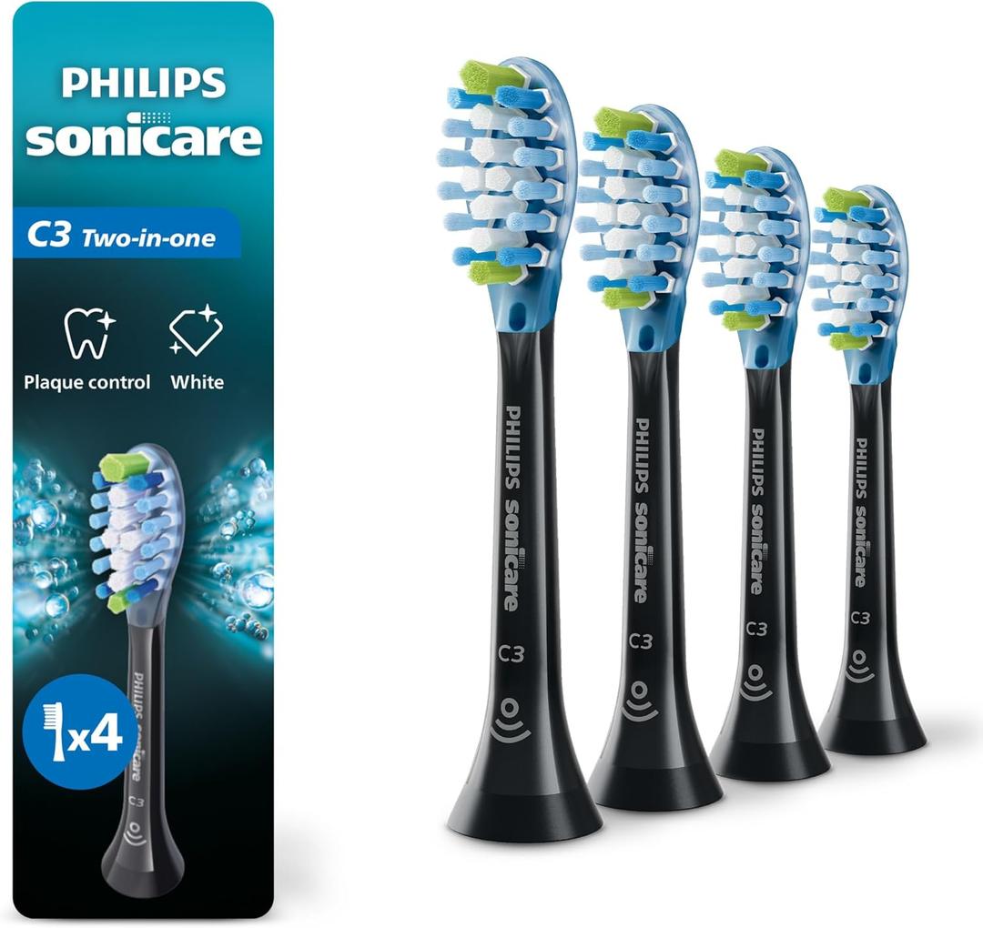 Philips Sonicare C3 Two-in-One - Genuine Replacement Electric Toothbrush Heads, Black, 4 Pack One Year Supply, HX9044/95