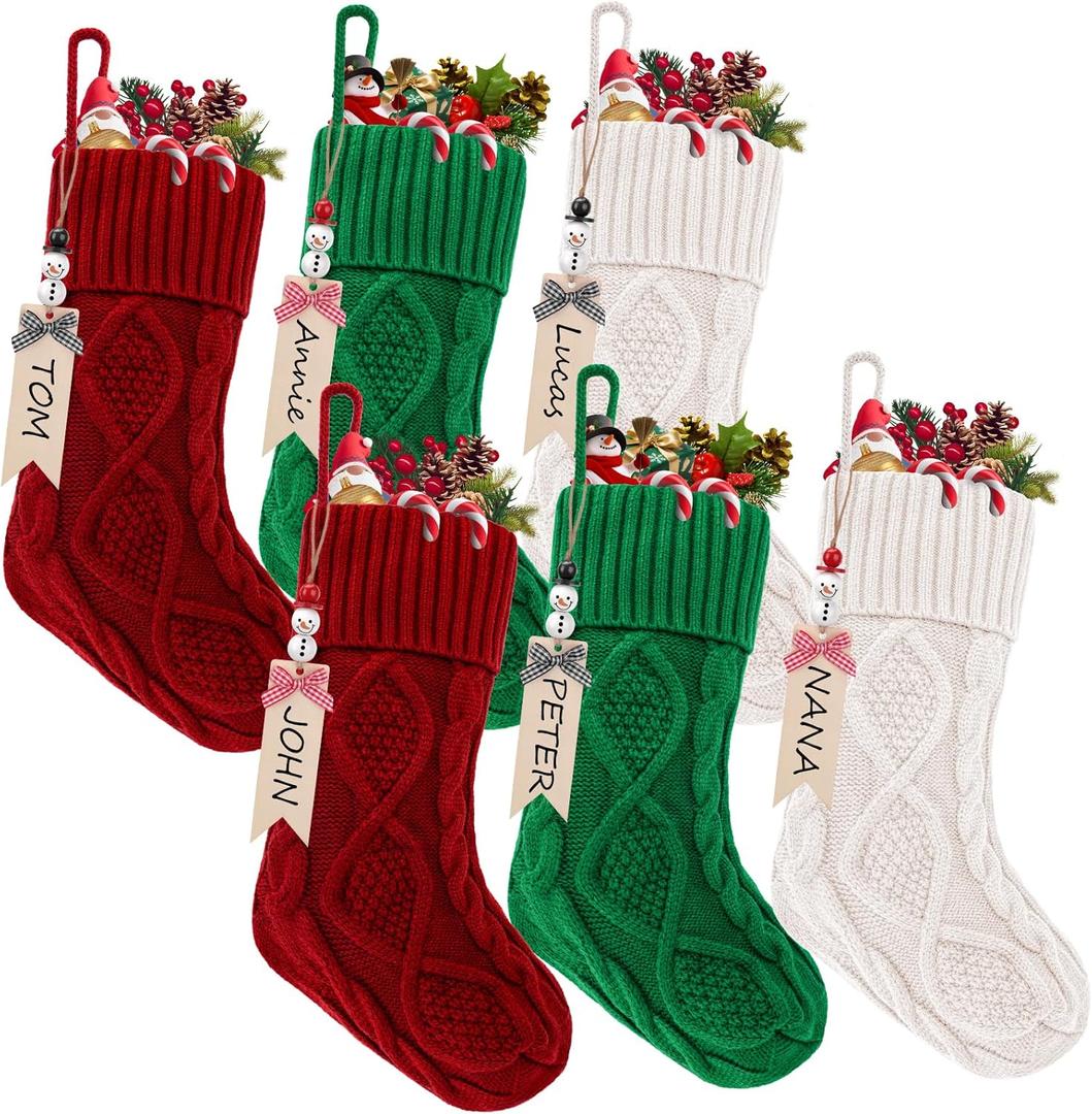 6 Sets of Christmas Stockings, 18" Stranded Knit Hanging Stockings + Black & Red Snowman Name Tag, for Family Holiday Parties, Xmas, Mantle Decorations, Festival Decoration (Red, Green, White)