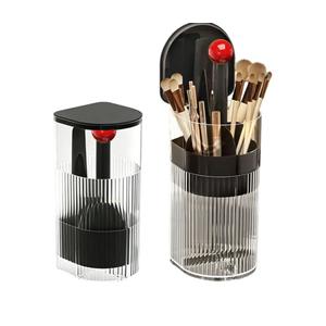 Makeup Brush Holder, Pneumatic Lifting Structure with Dust Cover, water proof Transparent Plastic Storage Box for Vanity and Bathroom Countertop (Black with Red Ball)