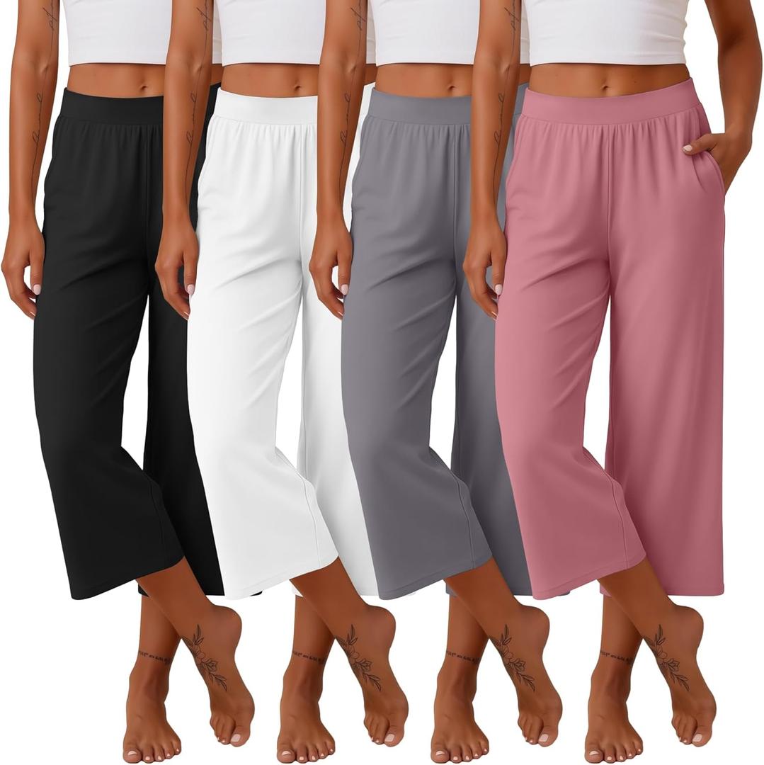 Neer 4 Pack Women's Capri Pants Wide Leg Capris Yoga Sweatpants Lounge Loose Fit High Waist Workout Cropped Pants with Pocket (Pink), XL