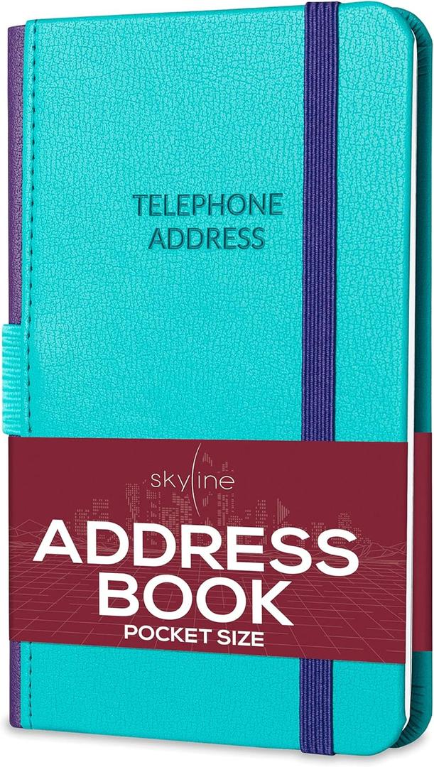 Skyline Address Book  Mini Telephone Contact Book with Password Log for Purse  Small Phone Number Book for Women & Men  Pocket Size, 3.5x6.2, Hardcover (Turquoise)