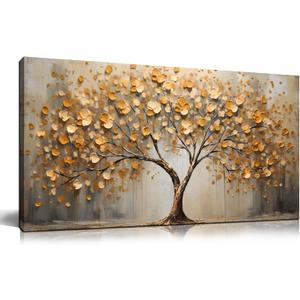 Tree Art Pictures for Wall in Living Room - Gold Canvas Wall Art for Bedroom - Abstract Art Wall Decor for Office Size 20" x 40"