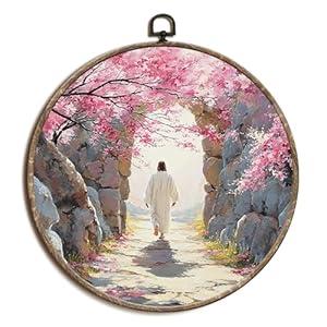 laveliabel Easter Christian Jesus Round Canvas Art Wall Decor, Resurrection Jesus Christ Framed Canvas Prints, Christian He is Risen Round Hanging Wall Decor for Home Bedroom, 10x10 Inches
