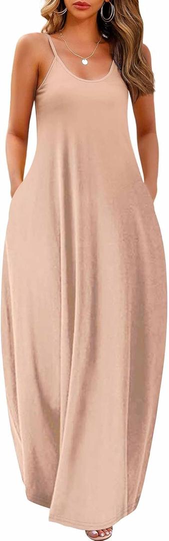 Wolddress Womens 2025 Casual Sleeveless Sundress Plus Size Loose Plain Long Summer Beach Maxi Dress with Pockets S-5X (Large, Apricot Pink)