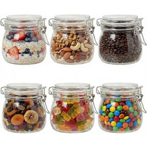 17oz Airtight Glass Jar with Lid, 6 Pack Clamp Lid Glass Storage Jars, Flip Top Food Storage Containers, Wide Mouth Thick Glass Jars for Yogurt Dessert Jam Sugar Snacks Overnight Oats Pantry Kitchen