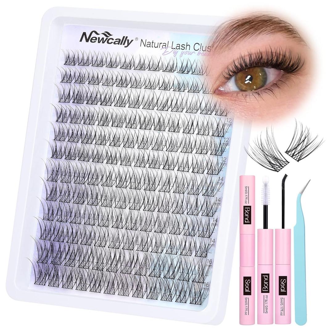Natural Lash Clusters Kit Wispy Lash Extension Kit Cluster Eyelash Extension C-curly Cluster Lashes Kit DIY Eyelash Extension Kit Natural Eyelash Clusters with Lash Bond and Seal by Newcally