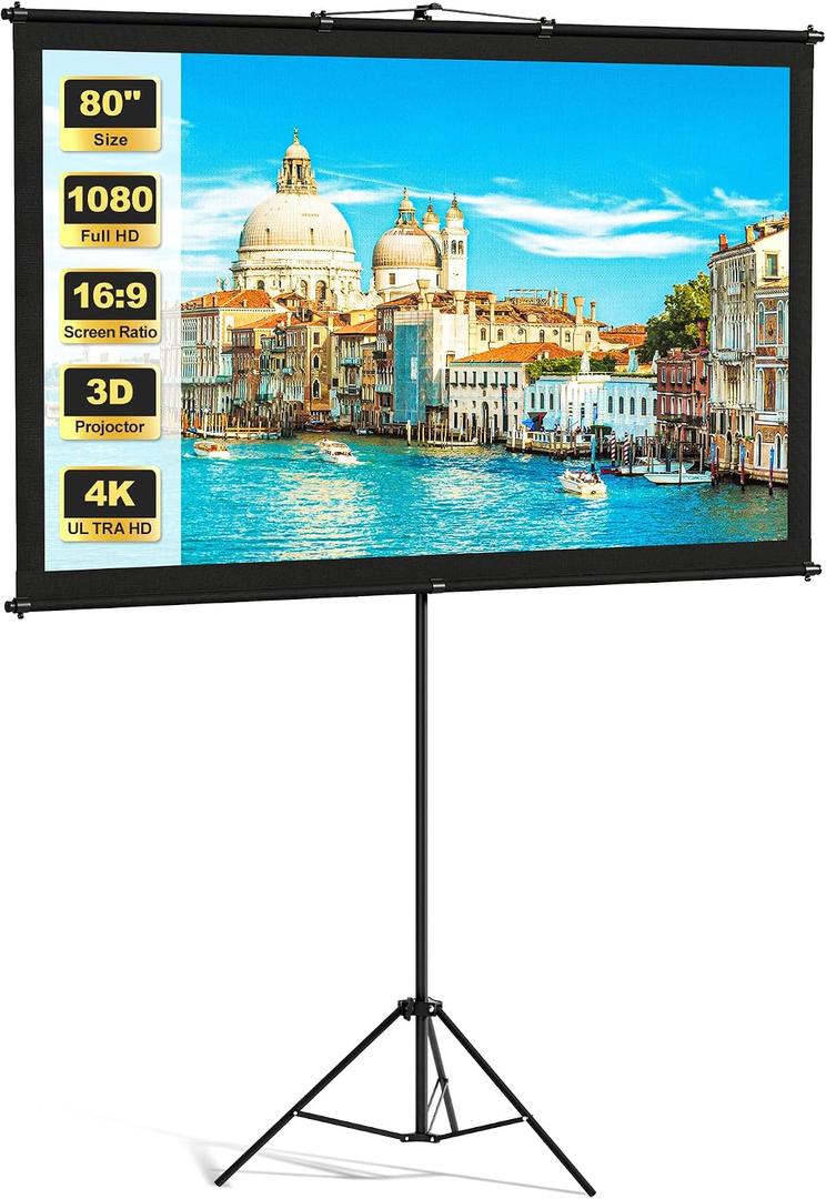 Projector Screen with Tripod Stand, Indoor Movie Screen, 80 in Portable Projection Screen, 16:9, 4K Display Washable Mobile Polyester Fabric Projector Screen for Backyard, Home Theater
