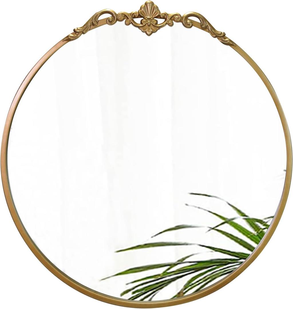Round Gold Mirror 24.5in Ornate Baroque Antique Bathroom Mirror Large Circle Vintage Mirrors for Wall, Metal Frame Wall Decorative Mirrors for Hallway,Living Room, Bedroom Vanity, Entryway