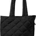 soewten Puffer Tote Bag for Women, Quilted Bag with Zipper, Small Tote HandBags for Work, Travel (Medium-black)