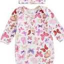 woshilaocai 1 Pack Baby Boy Girl Gown Sleeper Newborn Knotted Nightgown and Hat Set Infant Sleepwear (Butterfly&Lilac,0-3 Months)