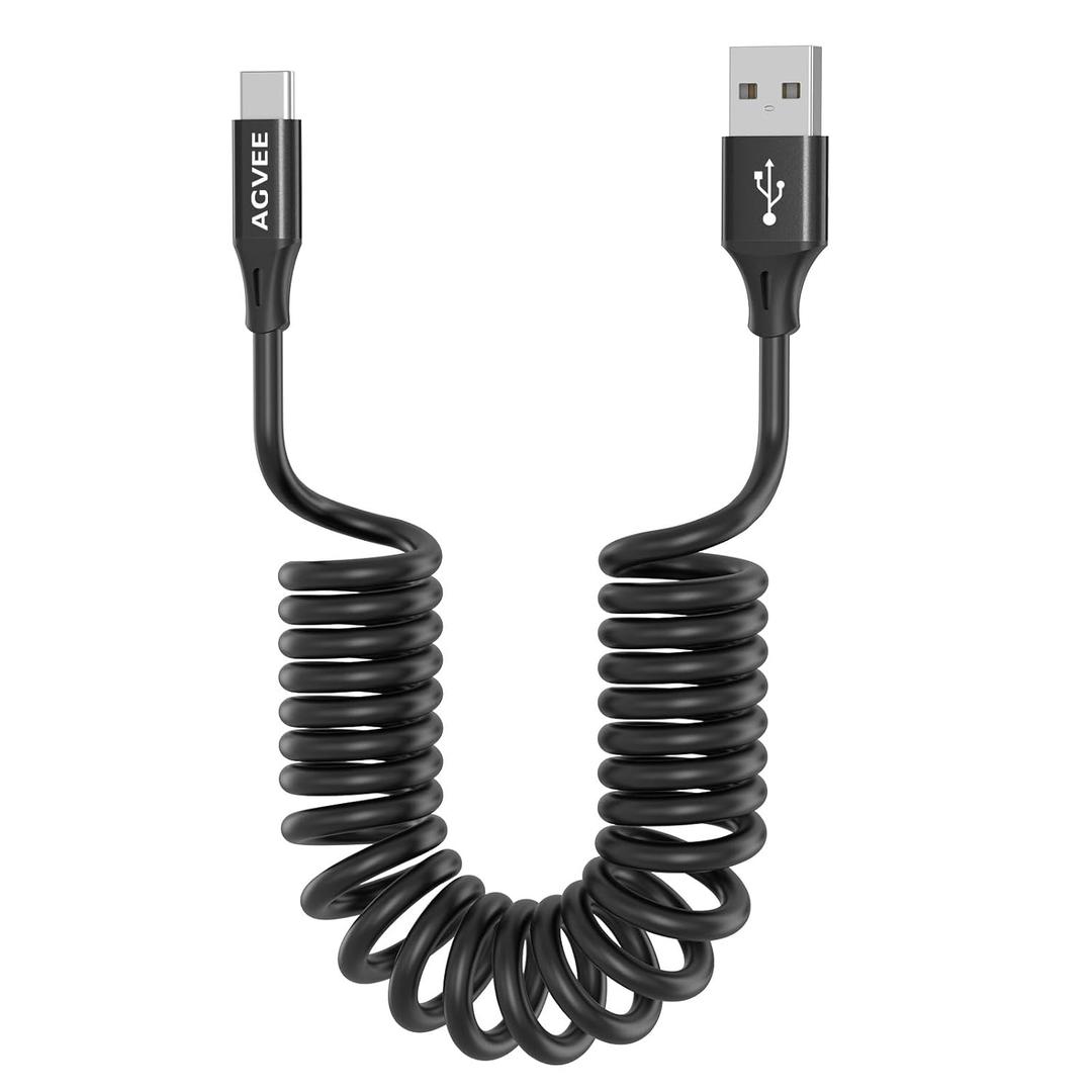 AGVEE 1.5ft Coiled Short USB to USB-C Charging Cable [USB-IF Certified] 3A Fast Charger Cord in Car for iPhone 17/16/15 CarPlay, Galaxy S25 S24 S23 S22 S21 S10 S9 S8, Google Pixel, Black
