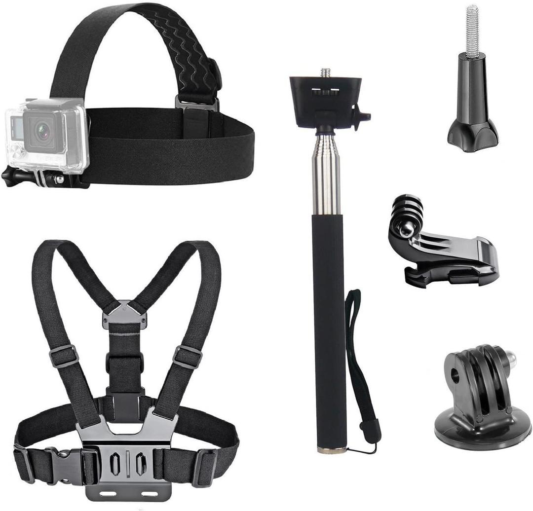 3 in 1 Universal Action Camera Accessories Kit - Head Strap Mount/Chest Harness/Selfie stick Compatible with Gopro Hero 13 12 11 10 9 8 7 6 5/AKASO EK7000/V50/Brave 7/Dragon Touch Action Camera