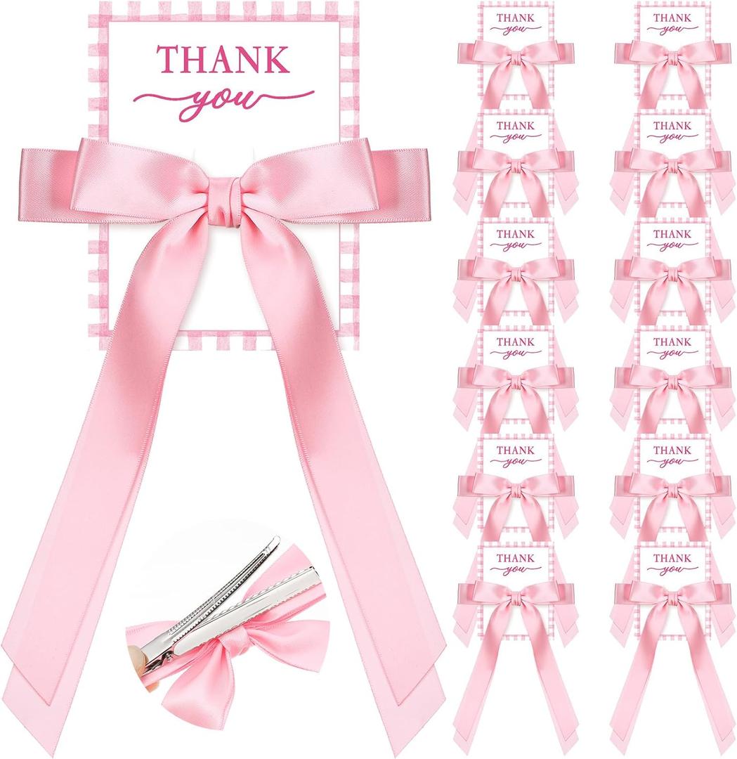 12 Pack Coquette Pink Bow Party Favors with Thank You Card Bow Birthday Party Favors Satin Hair Accessories Pink Coquette Theme Gift for Girls Bachelorette Wedding Bridal Shower Guests