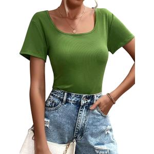 Womens T Shirt Short Sleeve Tshirt Ribbed Basic Tops Tee (Green, L)