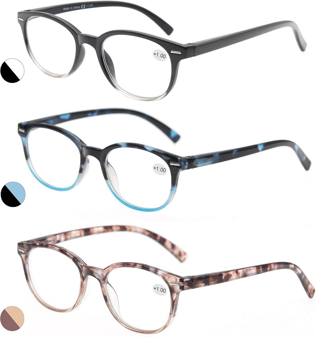 MODFANS Reading Glasses 1.0 Women 3 Pack Spring Hinge Fashion Round Stylish for Reading with Pouch