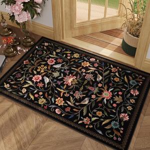 Vintage Medallion Floral Indoor Door Mat 2x3, Machine Washable Entryway Rug, Low Pile Soft Small Carpet, Non-Slip Area Rug for Entrance, Bedroom, Kitchen & Kids Room | Black