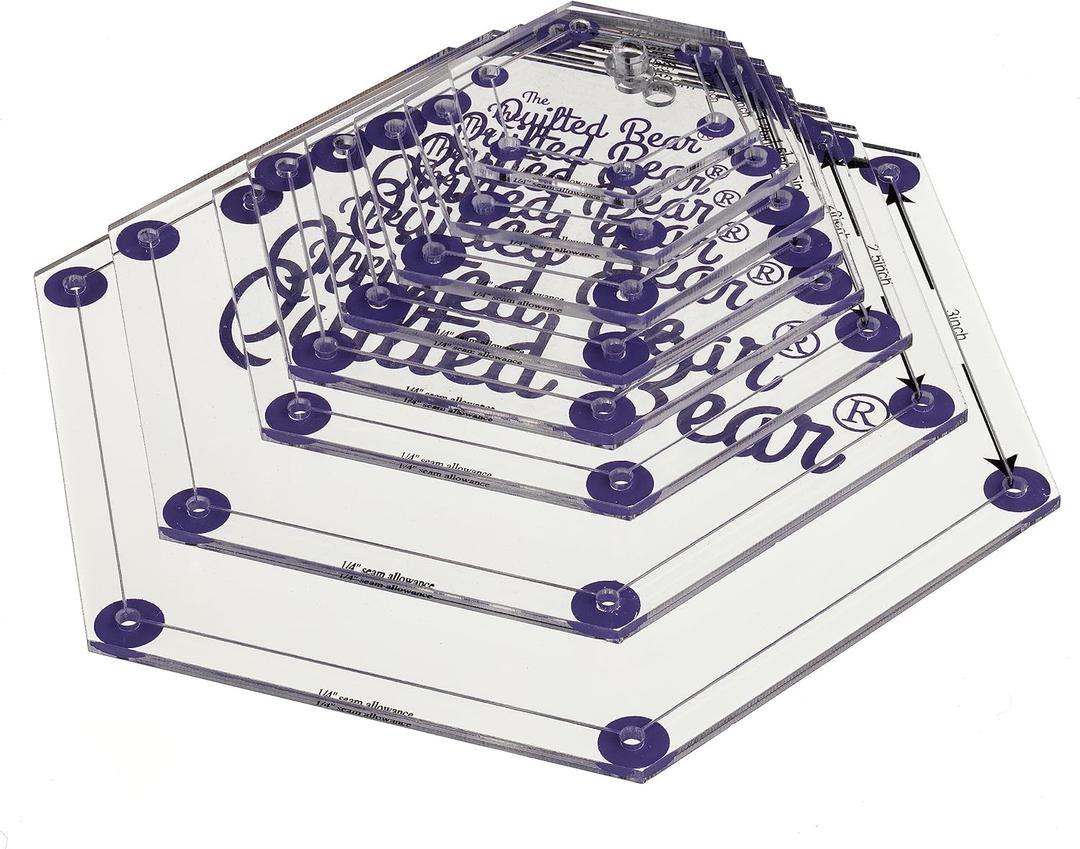 The Quilted Bear Hexagon Quilting Templates  8 Clear Non-Slip Acrylic Quilt Templates for Precise Fabric Cutting & Stress-Free Machine Quilting - Ideal for Quilt & Sewing Supplies (3")
