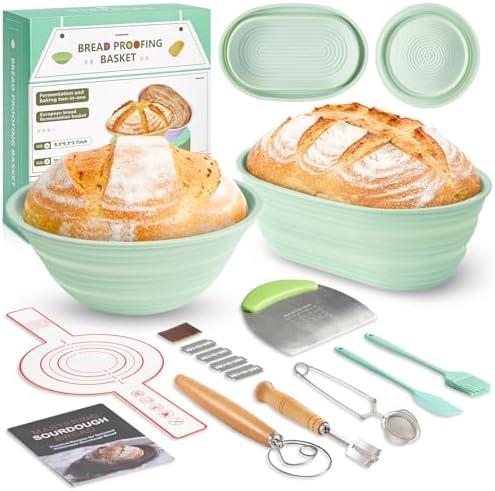 Napute Silicone Sourdough Breads Baking Supplies, Sourdough Starter Kit, Banneton Bread Proofing Basket Set with 9" Round & 10" val, Artisan Bread Baking Tools, Silicone Bread Sling
