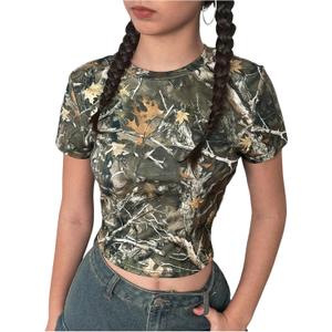 Girl's Short Sleeve Camo T Shirt Crewneck Slim Fit Crop Tops Casual Graphic Tee (Army Green, 13Y)