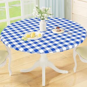 misaya Round Fitted Tablecloth with Elastic Edge, Buffalo Plaid Waterproof Vinyl Flannel Backed Table Cloth Cover Fits 36"-44" Round Tables for Dinner, Outdoor, Picnic, Blue White Check