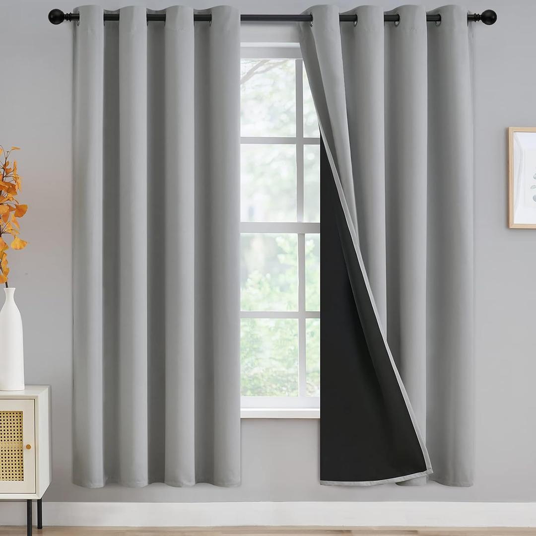 Grey Full Shade Curtain Panels, Thermal Insulated & Energy Efficiency Window Draperies for Guest Room, Full Blackout Curtains & Drapes for Shift Worker and Light Sleepers, W52 x L72 Inch, Light Grey