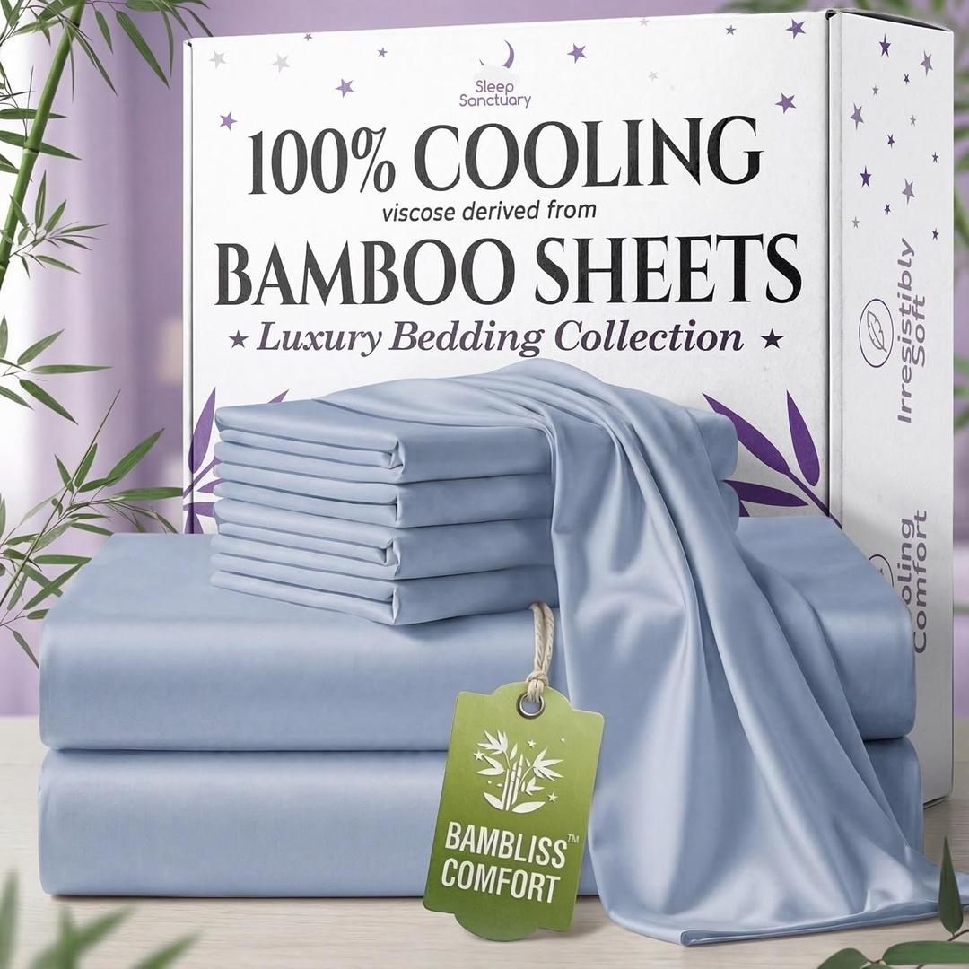 SLEEP SANCTUARY 100% Viscose Derived from Bamboo Sheets Queen Size 6pcs BamBliss Luxury Cooling Sheets for Hot Sleepers - Cloud Soft, 17" Deep Pocket, Ultra Durable Bed Set (Light Blue)