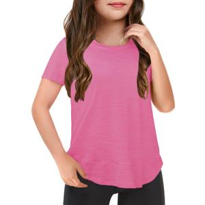 Haloumoning Girls Summer T Shirts Loose Curved Hem Short Sleeve Shirt Athletic Casual Tops Tees 4-14 Years Light Pink, 140 (Pink)