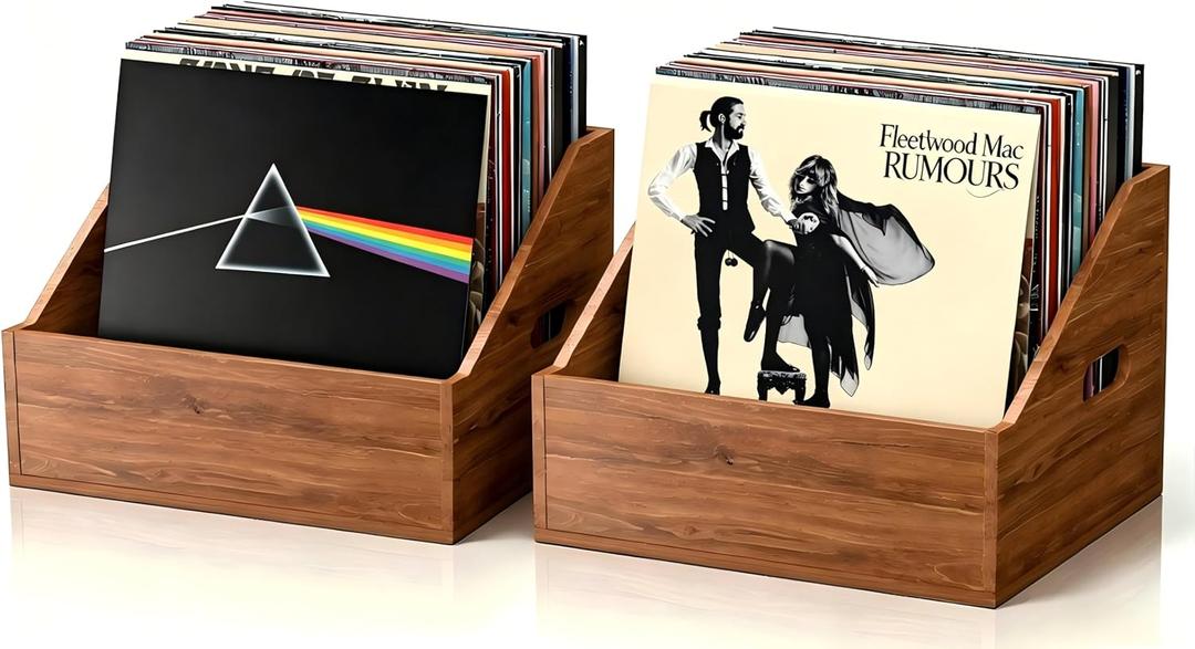 2 Pack Wood Vinyl Record Storage, Retro & Durable Vinyl Crate and Record Holder, Album Storage Record Case Box for 60+ Records, Perfect Record Organizer for Home Decor and Collection Display(Brown)