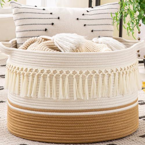 KAKAMAY Large Blanket Basket (20"x13"),Woven Baskets for storage Baby Laundry Hamper, Cotton Rope Blanket Basket for Living Room, Laundry, Nursery, Pillows, Baby Toy chest (White Fringe)