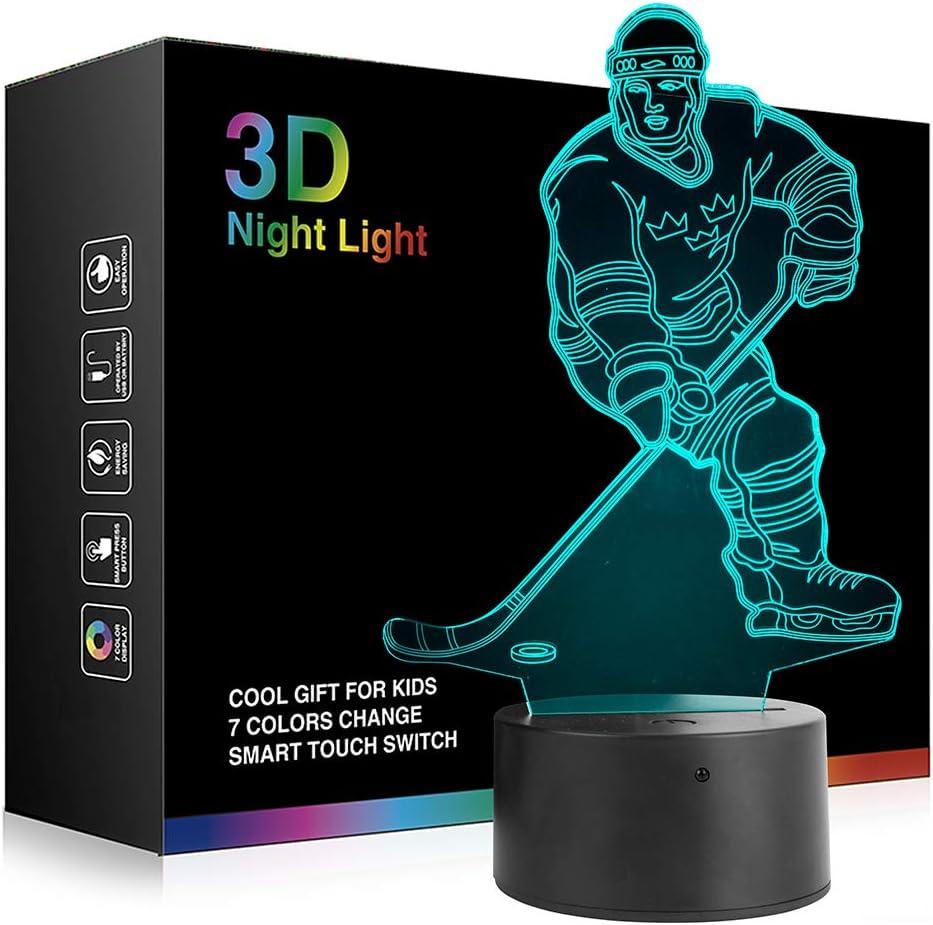 Ticent Hockey Player Night Light, Hockey 3D Lamp Lighting Lights for Kids 7 LED Color Changing Touch Table Desk Lamps Cool Toys Gifts Birthday Xmas Decoration for Sports Hockey Fan