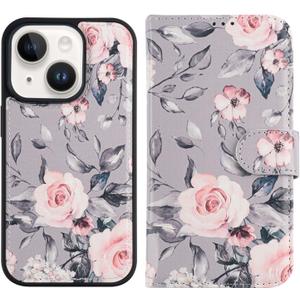 for iPhone 14 Plus Wallet Case,Detachable Flip Folio Cover RFID Blocking 4 Card Slots Holder Premium PU Leather Magnetic Kickstand Protective Phone Case 6.7" Elegant Pink Floral