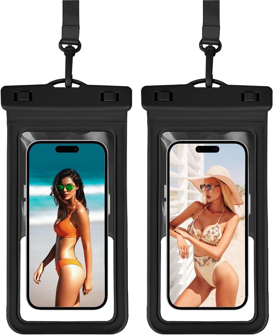 Waterproof Phone Pouch, with Build-in Card Holder, Large Waterproof Case Compatible with iPhone 17 16 15 14 13 Pro Max, Beach Cruise Essentials, 2 Pack, Black and Black