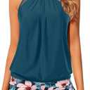 Yonique Tankini Swimsuits with Shorts - Tummy Control Two Piece Blouson Bathing Suits High Neck Swimwear (Blue, XL)