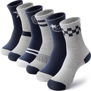 ANTSANG Kids Boys Girls Cotton Crew Socks Youth Teen Athletic Sport Basketball Breathable Soft Socks 6 Pairs(Grey Black Stars, 9-14 Years)
