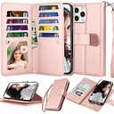 Njjex Compatible with iPhone 13 Pro Max Case/iPhone 13 Pro Max Wallet Case 6.7" 2021, [9 Card Slots] PU Leather Card Holder Folio Flip [Detachable] Kickstand Magnetic Phone Cover & Lanyard [Rose Gold]