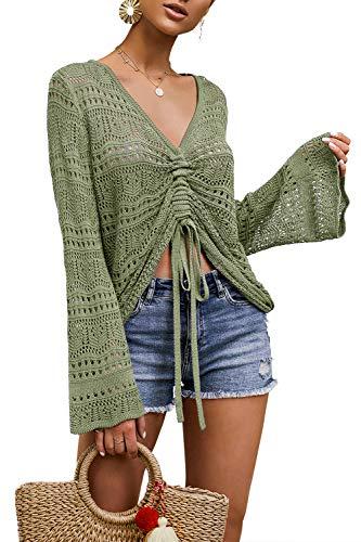 FERBIA Women Crochet Top Beach Cloth Drawstring Shirt Cover Up Oversized Sexy Beachwear Lace Up Tee Poncho (Army Green, Medium)