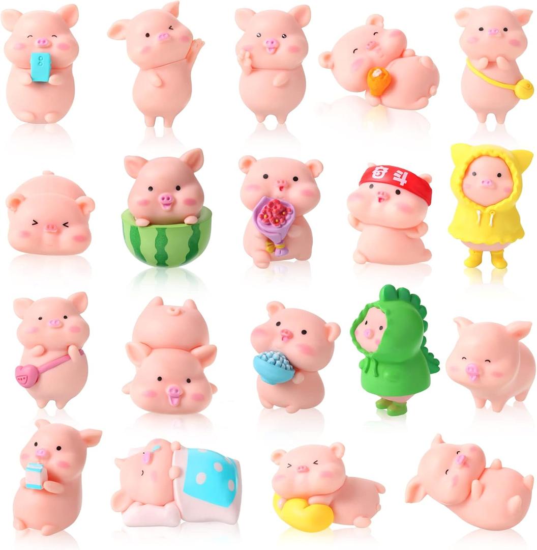 Leitee 19 Pcs Pig Mini Figurines Bird Dog Cat Figure Animal Set Cute Figurine Pig Cake Toppers for Home Desk Birthday Party Decorations(Classic)