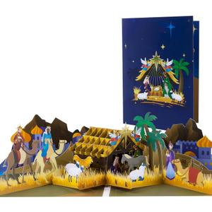 3 x Magic Ants 3D Pop-Up Nativity Christmas Card with Holy Family, Angels, Shepherds, Wise Men, Animals, Starry Night, Palm Trees, Religious Holiday Greeting Card