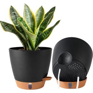 2 Pack 8 Inch Pots for Plants Indoor, Plastic Self Watering Planters with Drainage Holes, Water Level Indicator & Deep Reservoir, Decorative Flower Pots Indoor Outdoor Use (Black