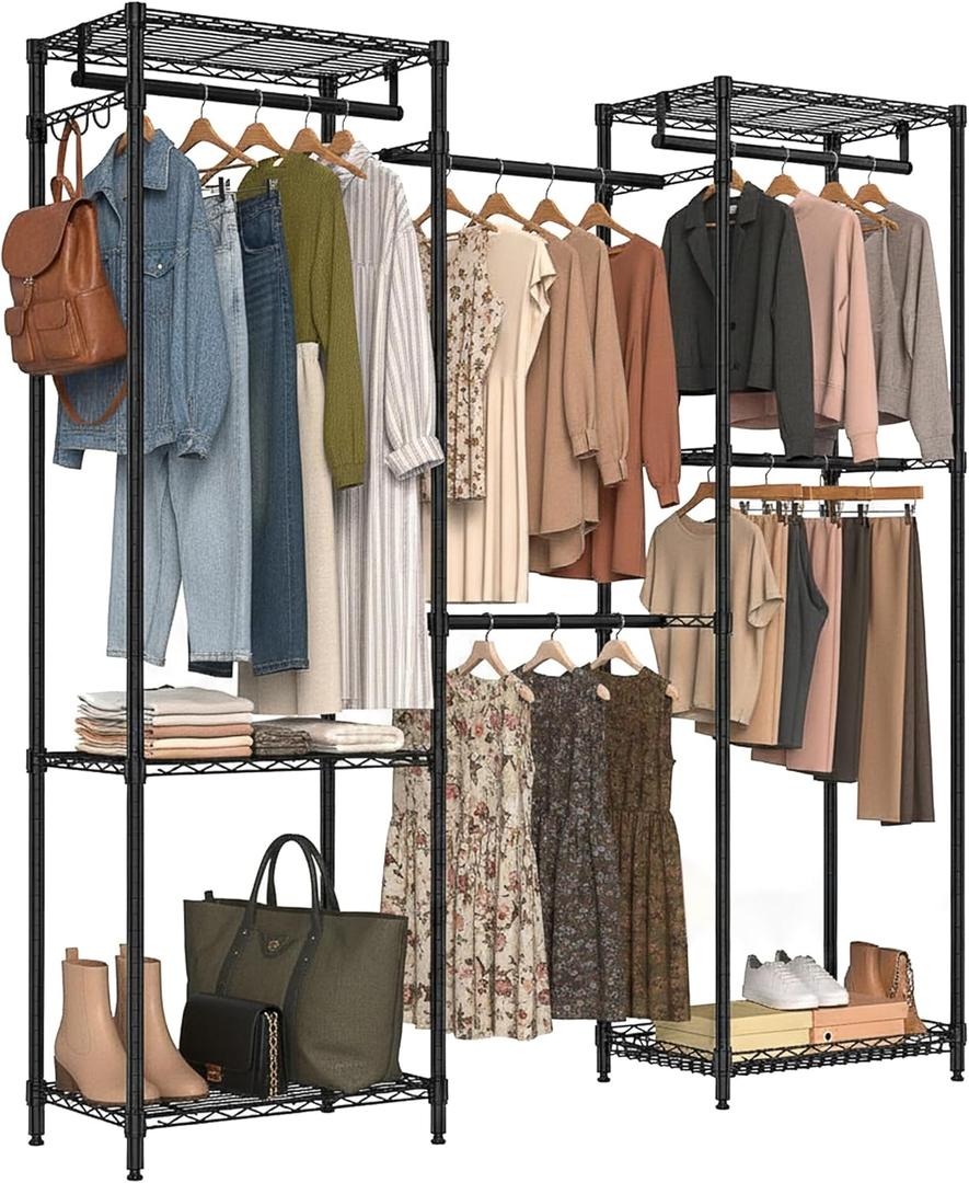 Freestanding Closet System, Large Free Standing Closet Rack Organizer for Hanging Clothes Adjustable Metal Wire Clothing Rack with 5 Shelves & 5 Rods, Black (15.3"D x 69.3"W x 70.8"H)