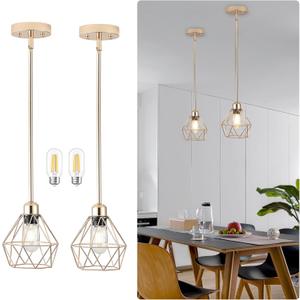 2 Pack Gold Pendant Lights, Modern Farmhouse Hanging Light Fixture with Metal Cage Shade, Industrial Pendant Lighting for Kitchen Island Dining Area Entryway, Adjustable Height