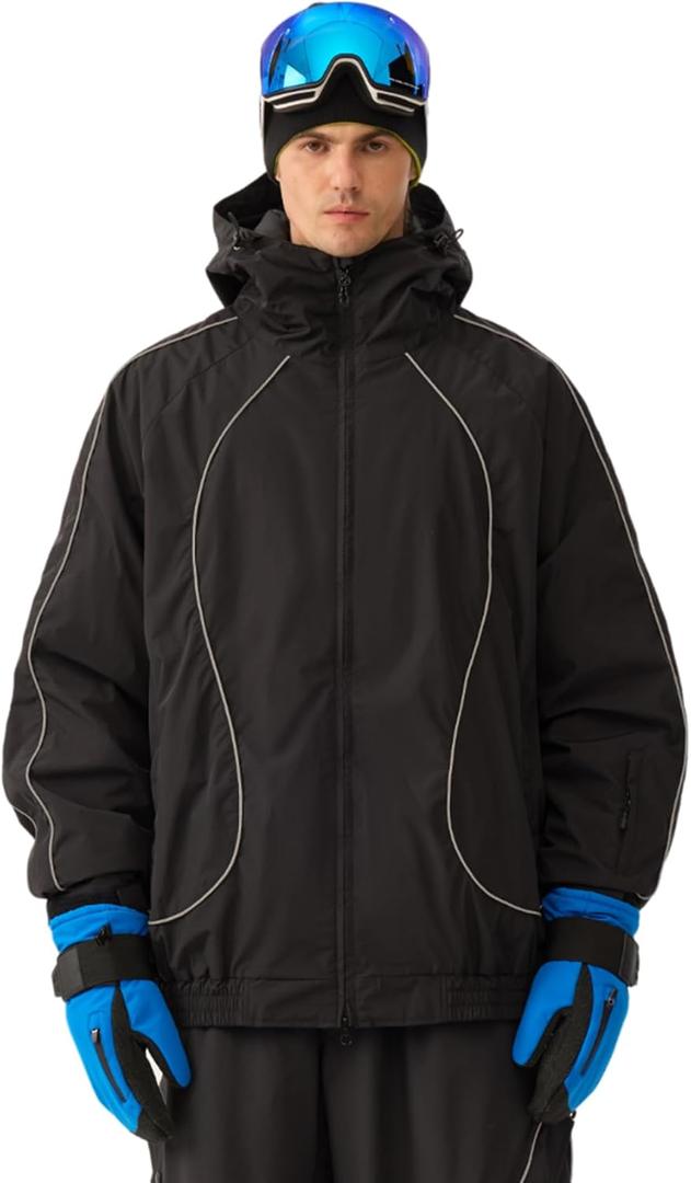 GSOU SNOW Men Ski Jacket Women Baggy Snowboard Jacket Snow Coat Mountain Jacket Hooded Waterproof Windproof Reflective Strip (X-Small, Black)